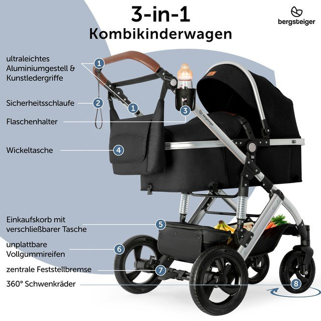 Bergsteiger Kinderwagen Nizza 3in1 Kombi mit Babyschale und Isofix-Station in Schwarz - Bild 1