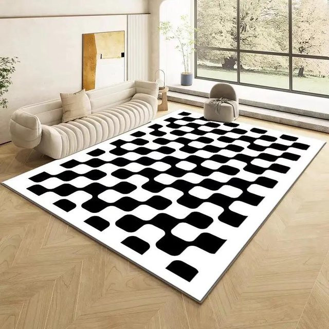 Karpetti Retro Schachbrett Teppich in Schwarz, weicher Plüschteppich für Wohnzimmer und Schlafzimmer, rutschfest und waschbar, B/T: 60 x 90 cm - Bild 1