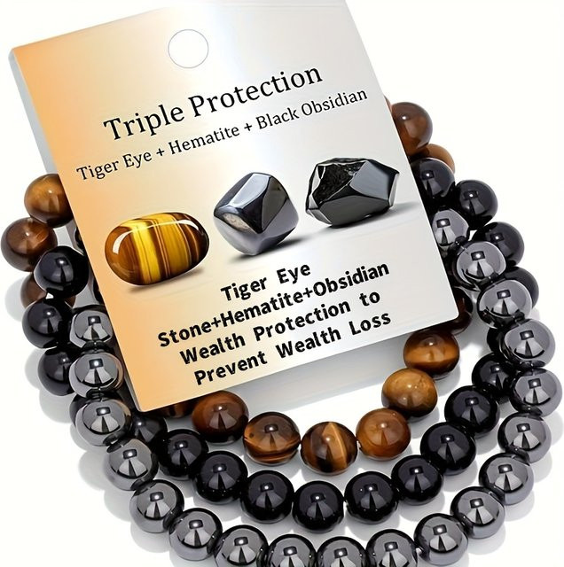 buy bao ji Armband-Set, Tigerauge, Schwarzer Obsidian, Hämatit, Perlen, Unisex - Bild 1