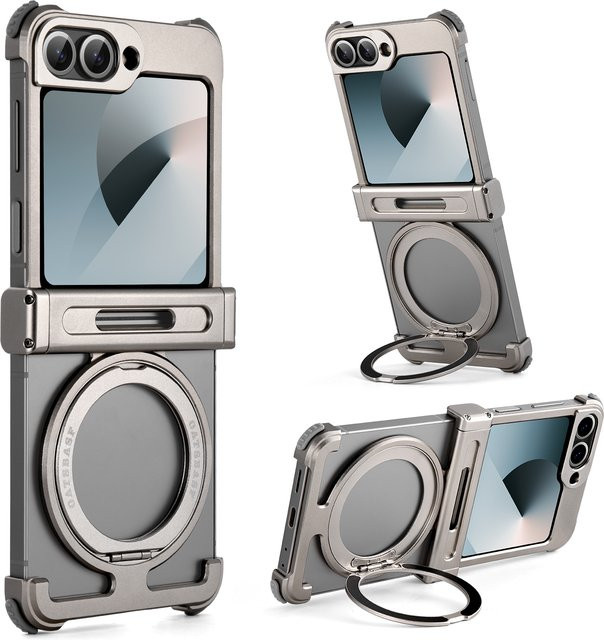 Oatsbasf Handyhülle für Samsung Galaxy Z Flip 6 in Titan Silver mit 360 Grad drehbarem Ständer, magnetisch und rahmenlos aus Metall - Bild 1