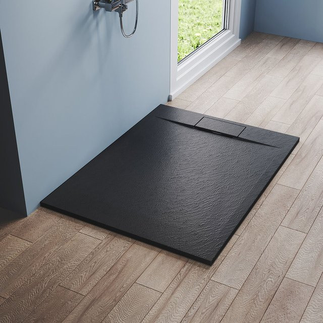 SONNI Duschwanne Rechteckig in Schieferoptik mit Ablaufgarnitur, Farbe Anthrazit/Schwarz, B: 120 cm, T: 90 cm, H: 3 cm - Bild 1