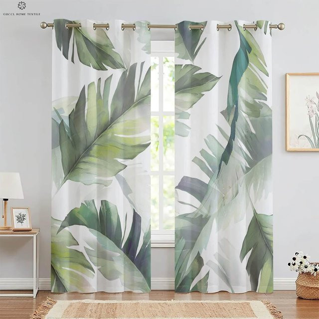 Yiran Furniture Vorhänge mit geometrischem Blättermuster und tropischer Vegetation, 2er-Set, Farben: Grün, Schwarz und Weiß, B: 50 cm, H: 130 cm, Material: Polyester - Bild 1