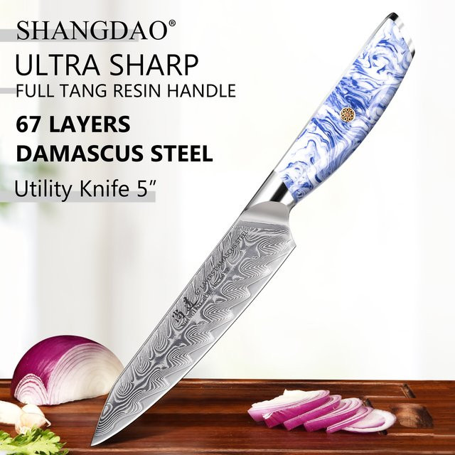SHANGDAO Damast Küchenmesser als Schälmesser mit blau-weißem Kunstharzgriff, 12,7 cm - Bild 1