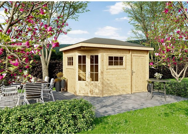 Fjordholz Gartenhaus Evelyn 2D als 5-Eck Blockhaus in Braun mit Walmdach und Fenstern - Bild 1