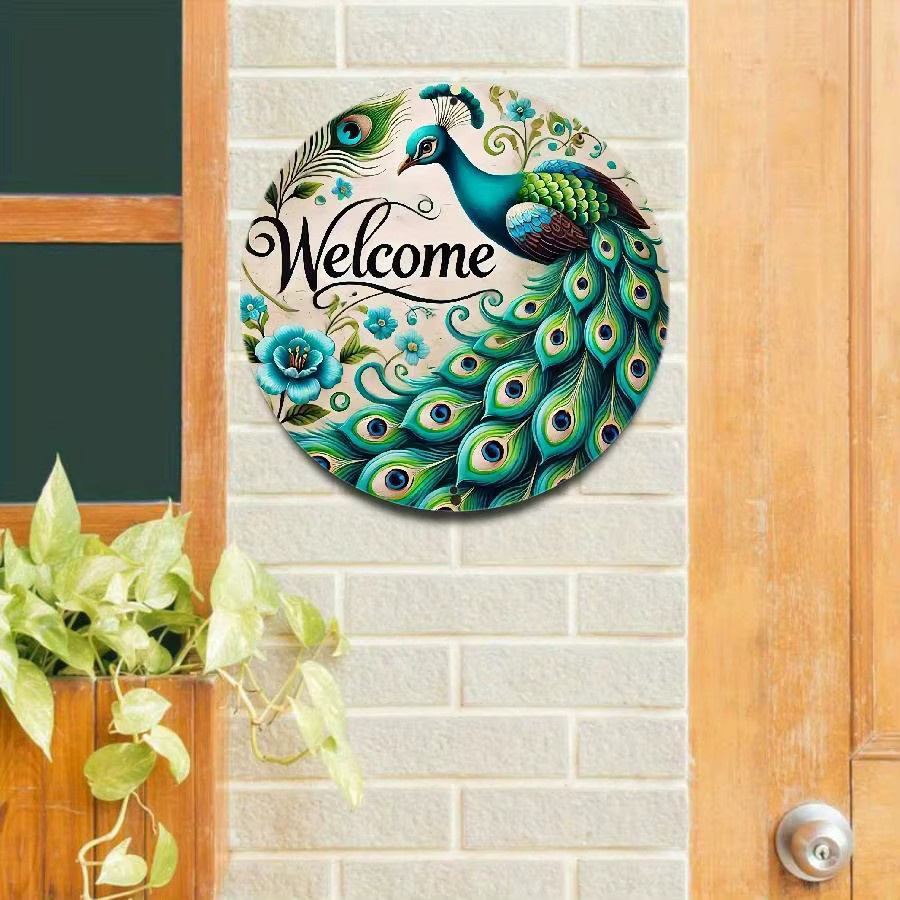 Potdemiel Peacock Welcome Sign 2D Flat Aluminium-Wandkunst mit blauem und grünem Feder-Design, B/H: 20,32 x 20,32 cm - Bild 2