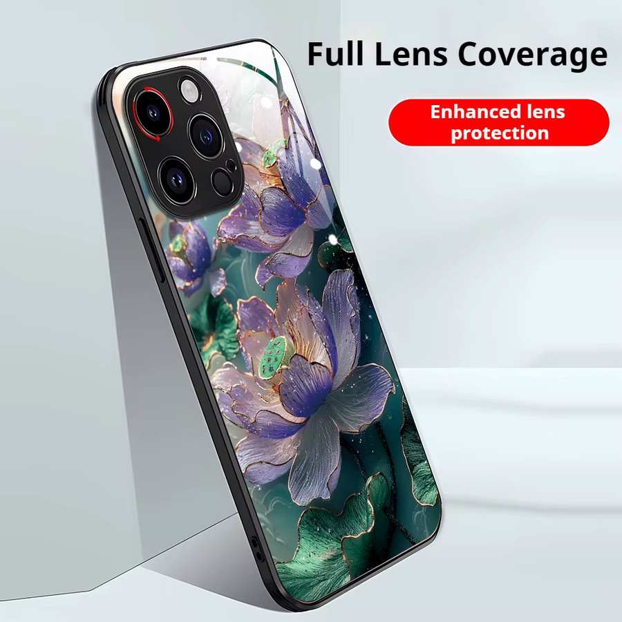 Handyhülle mit gehärtetem Glas und Lotusblumen-Design für Apple iPhone 17 Pro Max, 16 Pro Max, 15, 14, 13, 12 und 16E in Multicolour - Bild 2