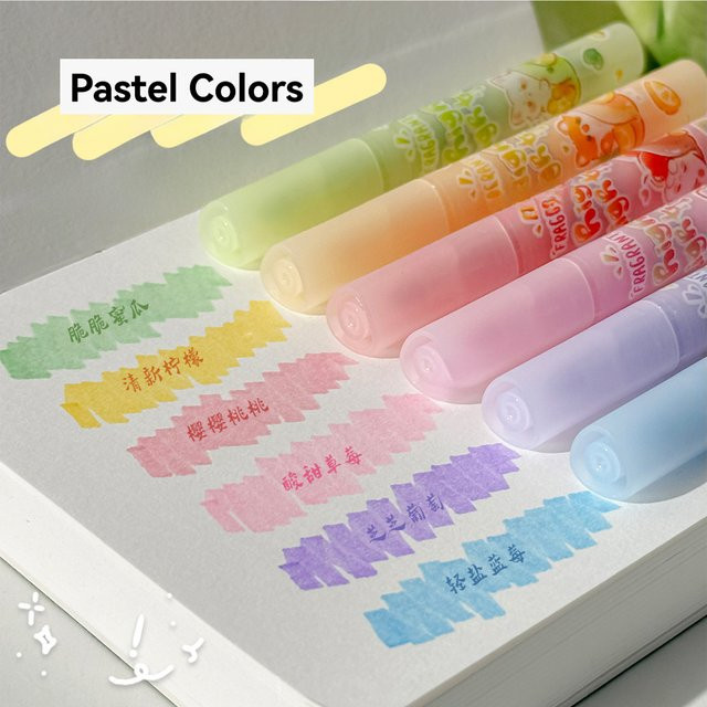 6er Set Textmarker in Pastellfarben mit Fruchtduft und abgeschrägter Spitze für Schule und Büro - Bild 1