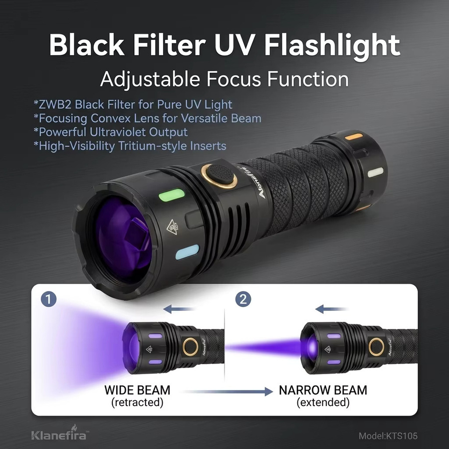 Alonefire LED UV-Taschenlampe mit Zoom 365nm Schwarzlicht, USB wiederaufladbar, Farbe: Schwarz - Bild 2