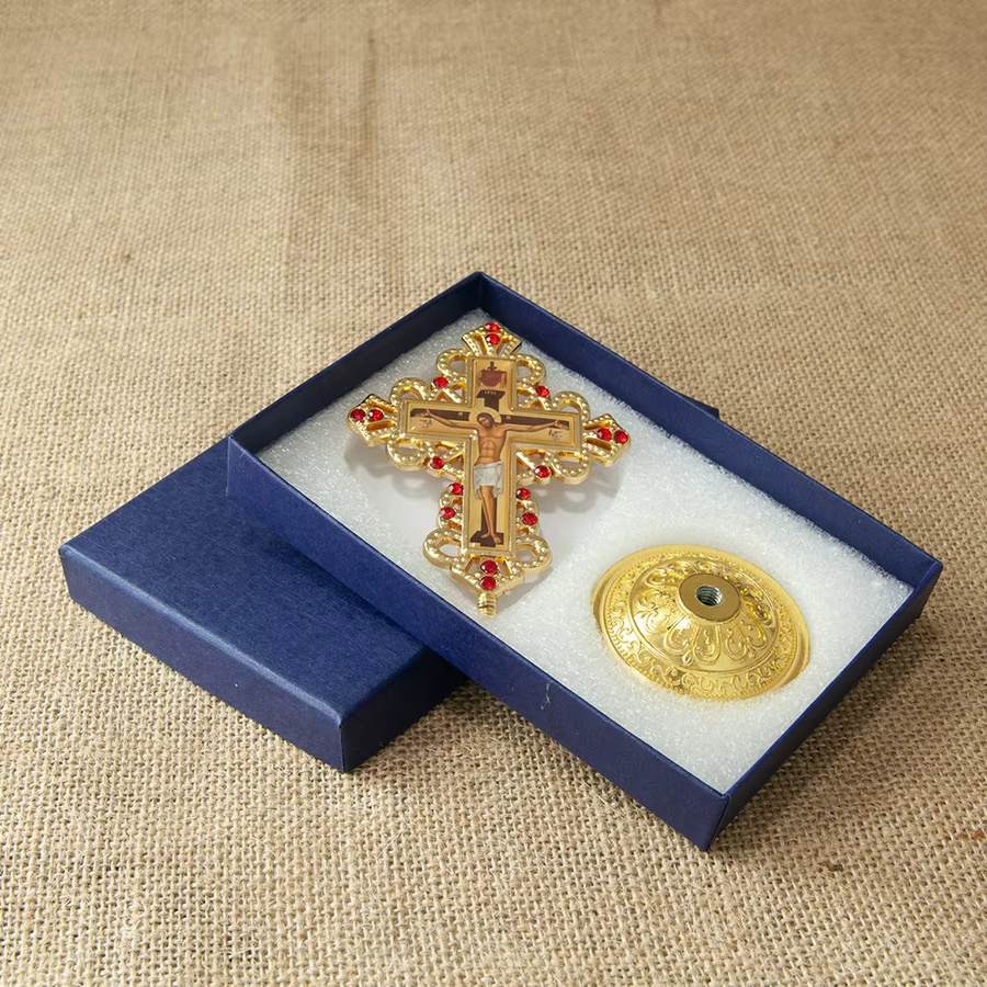 HTISOK Orthodoxes Tischkreuz aus Metall mit Jesus-Ikone und Ständer in Gold für Gebete und als Home Decor - Bild 2