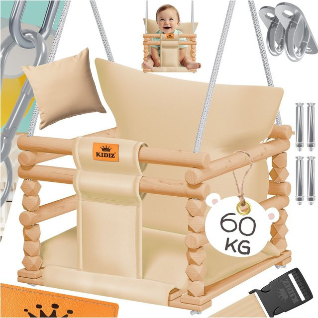 KIDIZ Babyschaukel aus Holz mit Polsterung und Sicherheitsgurt, höhenverstellbare Kinderschaukel für Indoor & Outdoor, bis 60 kg belastbar - Bild 1