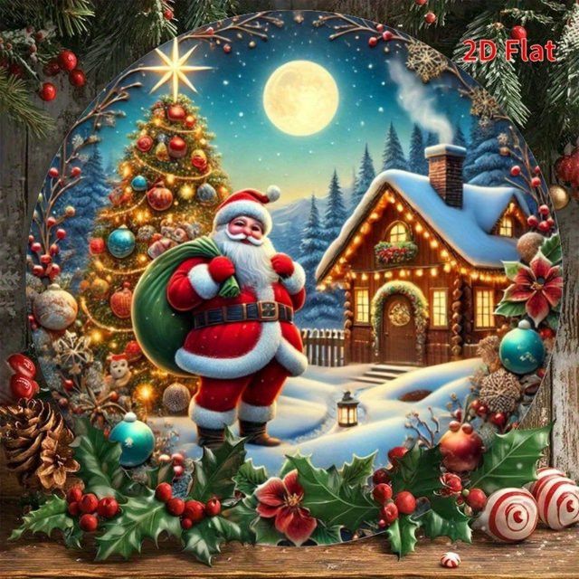 HELLOYOUNG Merry Christmas Metallschild kreisförmig mit Weihnachtsmann-Kranz-Design in Multicolor als Wandbehang für deine Weihnachtsdekoration Durchmesser: 20 cm - Bild 1