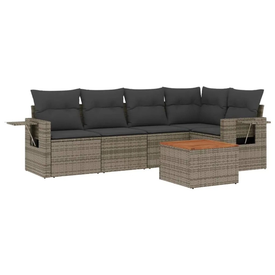 vidaXL 6-teilige Garten-Sofagarnitur aus Poly-Rattan und Akazienholz in Grau mit Kissen - Bild 2