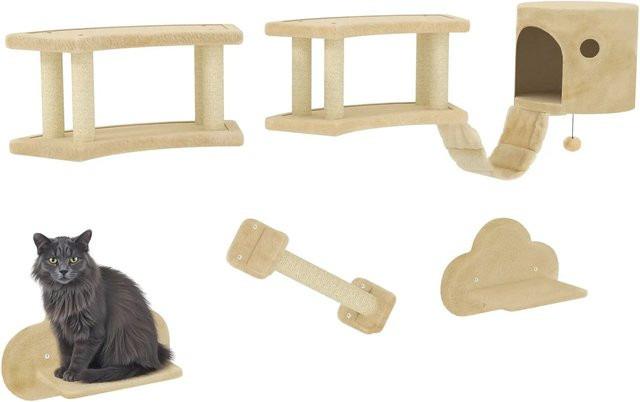 PawHut Katzen Kletterwand Set aus Spanplatte und Plüsch in Beige und Weiß, H: 133 cm, B: 34 cm, T: 28 cm - Bild 1
