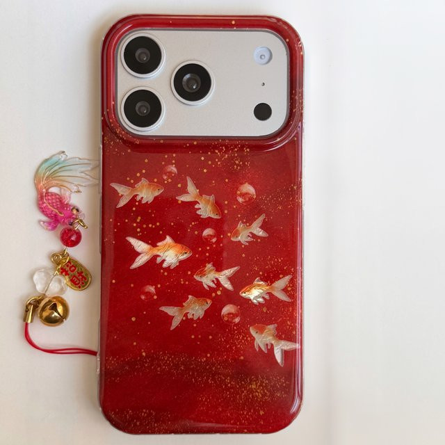 TROPLET Handyhülle Lucky Red Glitter Goldfish & Bubble Fortune Charm für iPhone 17 16 15 14 13 12 11 Pro Max Plus in Rot und Gold - Bild 1