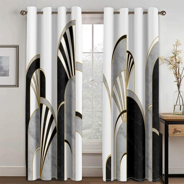 Yiran Furniture 2-teiliger lichtfilternder Vorhang mit abstraktem Streifenmuster in Schwarz, Gold und Weiß, B: 115 cm, H: 214 cm - Bild 1
