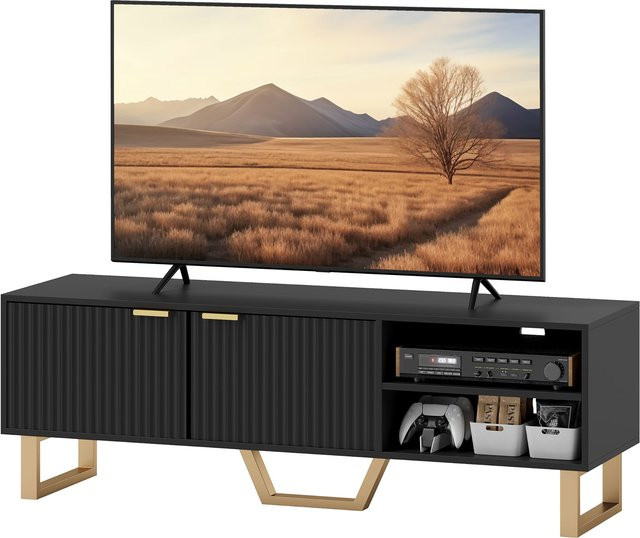 HOMCOM TV-Schrank Fernsehtisch aus Holz und Metall in Schwarz für Fernseher bis zu 70 Zoll mit 2 gerillten Türen, offenem Fach und Kabeldurchführung, B/T/H: 140 x 39 x 47 cm - Bild 1