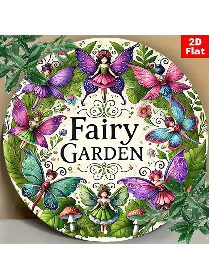 Potdemiel Aluminium-Wandkunst Fairy Garden mit Landfee, Schmetterlingen und Pilzen, rund, mehrfarbig, B/H: 20 x 20 cm - Bild 5