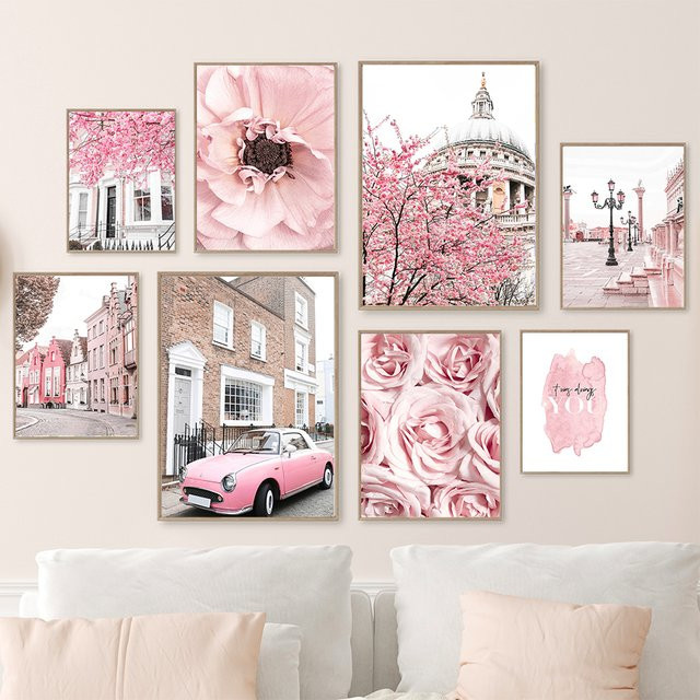 MINISO Wandkunst Leinwandmalerei Paris Gebäude mit Kirschblüten in Rosa, Skandinavischer Stil Landschaft Poster für dein Wohnzimmer Dekor - Bild 1