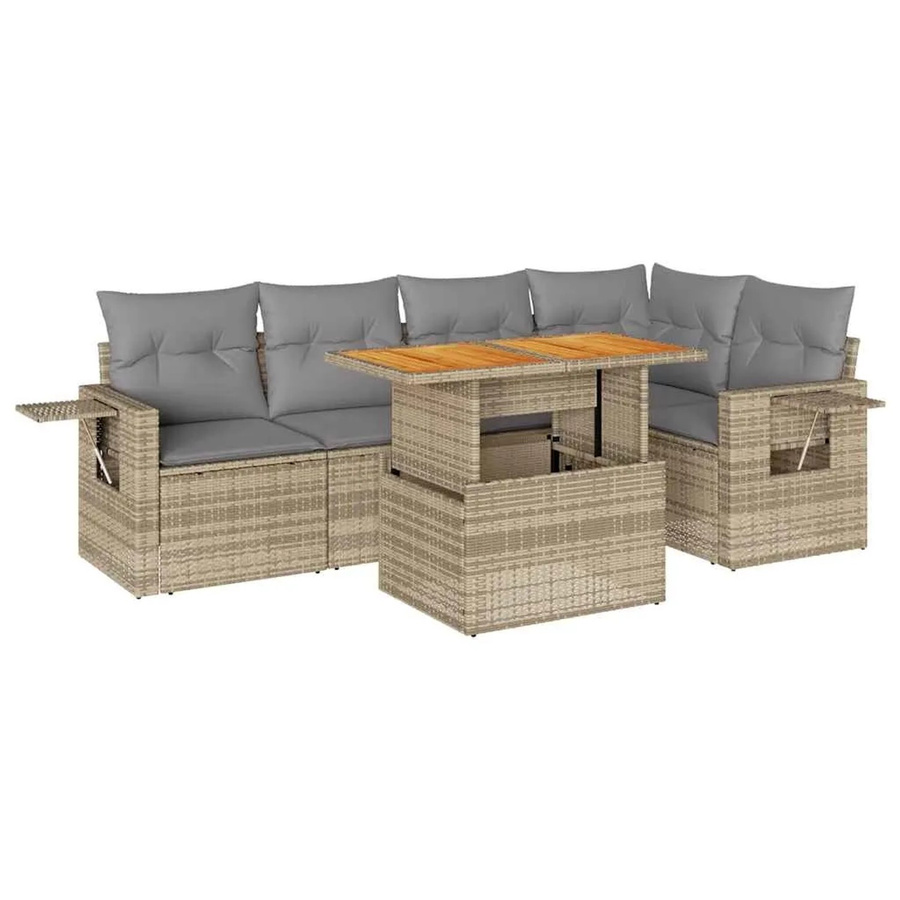 vidaXL 6-teilige Garten-Sofagarnitur in L-Form aus Poly-Rattan und Akazienholz mit Kissen in Beige und Hellgrau - Bild 2