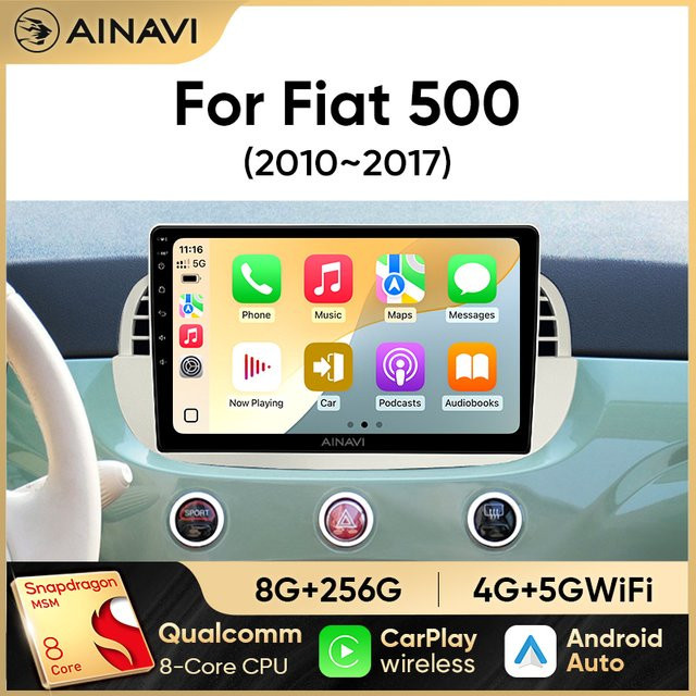 Ainavi Android 13 Autoradio für Fiat 500 mit 9 Zoll Display, GPS-Navigation, Bluetooth und Carplay in Schwarz - Bild 1