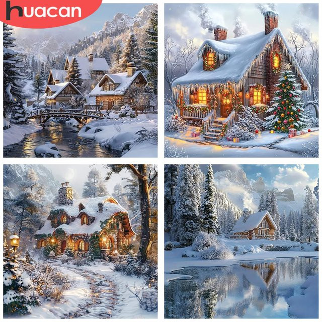 HUACAN 5D Diamant-Malerei Set Winter-Hütte in verschneiter Landschaft, Mosaik-Bastelset mit vollen Rundsteinen, B/H: 20 x 20 cm - Bild 1