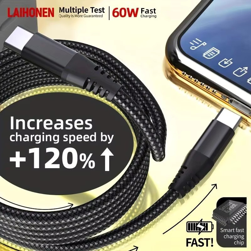 LAIHONEN USB-C zu USB-C Kabel mit 60W PD und 3A, Nylon-Ummantelung, 480Mbps Datenübertragung, Farbe: Grau - Bild 5