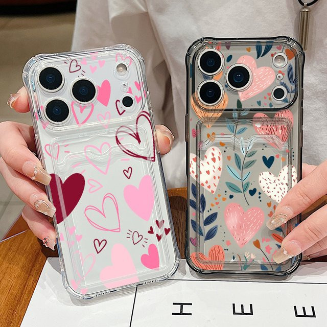 YISHANGOU Handyhülle mit Herz-Muster und Kartenfach aus weichem Silikon, transparent, passend für iPhone 17, 16 Pro Max, 15, 14 und 13 Pro Max - Bild 1
