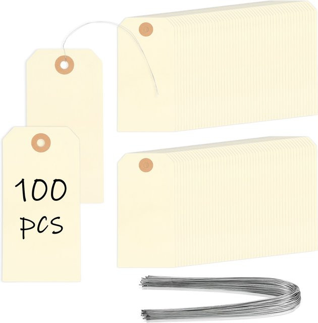 100 Stück weiße Papier-Versandetiketten mit Metalldraht und verstärktem Loch zur Beschriftung für Schmuck, Kleidung und Produkte - Bild 1