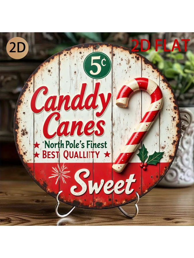 Vintage Candy Cane Metall-Wandkunst von Potdemiel – Kreisförmiges Blechschild mit rot-weißen Streifen und Holly-Akzenten für Weihnachten, Durchmesser: 20 cm - Bild 6