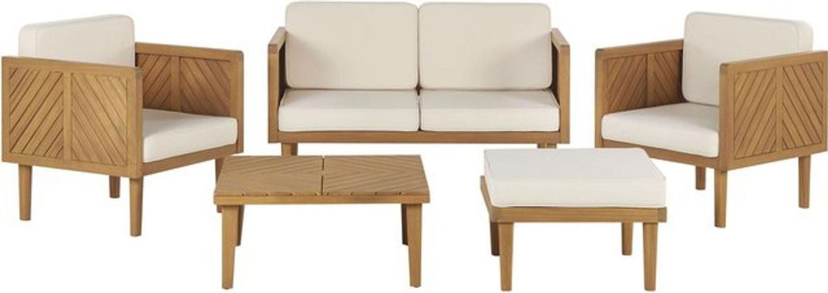 BELIANI Lounge Set aus Akazienholz in Hellbraun mit beigen Stoffauflagen, 5-teilig für 4 Personen inklusive Couchtisch, Fußhocker, 2er Sofa und 2 Sesseln - Bild 1