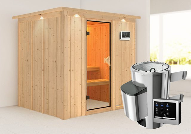 Karibu Sauna Dilja mit 3,6 kW Ofen, externer Steuerung, LED-Dachkranz und Ganzglastür in Bronze, B/T/H: 196 x 170 x 202 cm - Bild 1