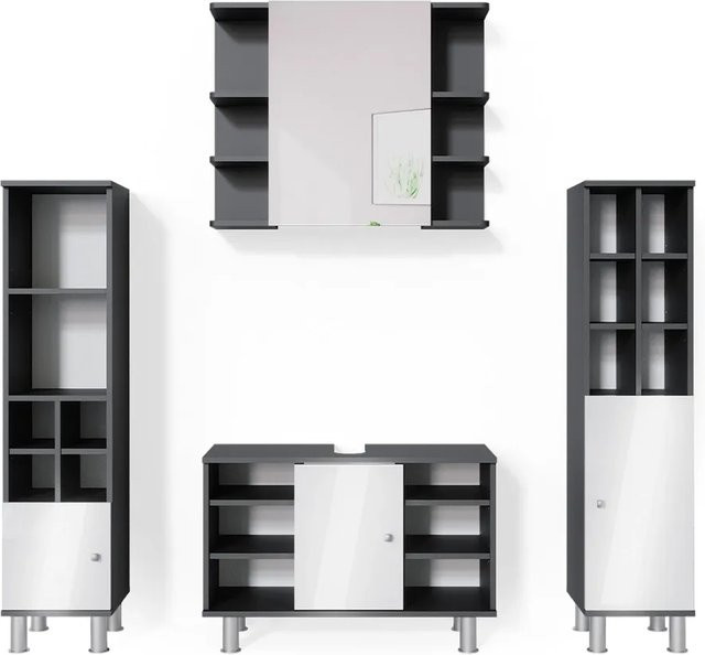 Vicco Badmöbel Set Fynn 4-teilig in Anthrazit und Weiß mit Spiegelschrank, Waschbeckenunterschrank, Hochschrank und Midischrank - Bild 2
