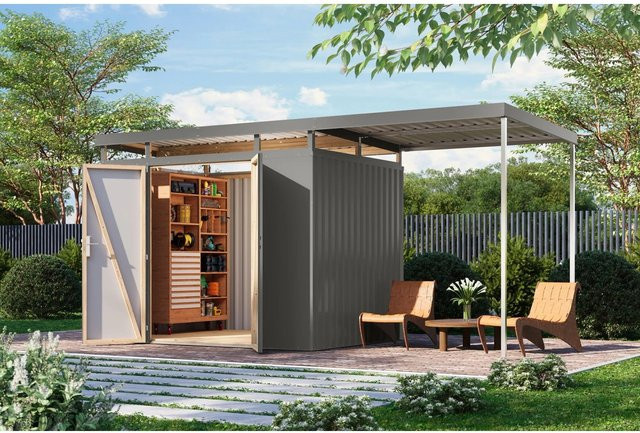 Karibu Metallgerätehaus Argos 3 mit Anbaudach in Graualuminium - Bild 1