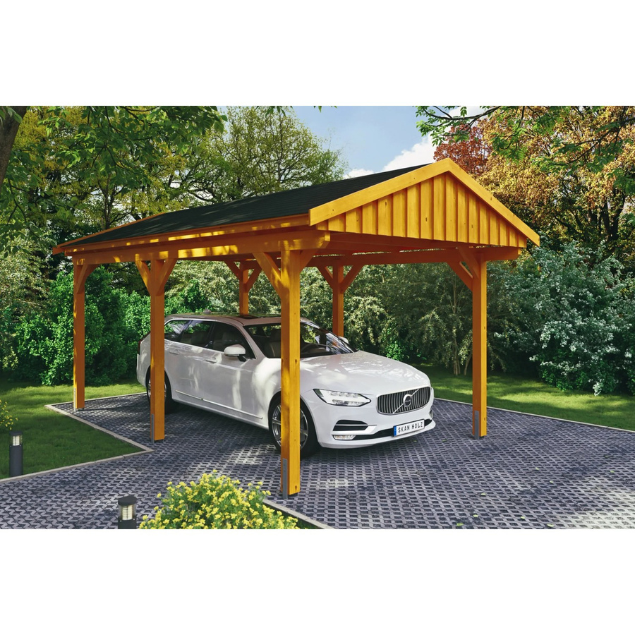 Skan Holz Carport Fichtelberg aus Fichte und Leimholz in Eiche Hell mit schwarzen Dachschindeln, Breite: 317 cm, Höhe: 303 cm - Bild 2