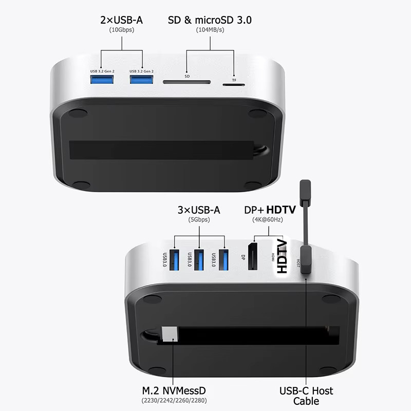 Basix Dockingstation für Mac Mini M4 USB C Hub mit Dual Monitor DisplayPort, M.2 NVMe SSD Slot, 4K60 HDTV und SD/TF Kartenleser, Farbe: Silber - Bild 4