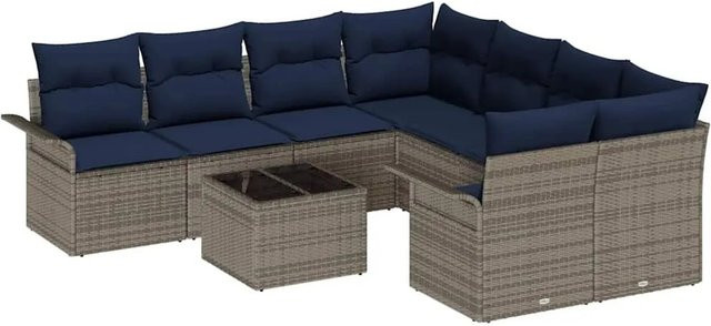 vidaXL Gartensofa-Set aus Poly-Rattan in L-Form mit 9 Kissen in Grau und Marineblau - Bild 1