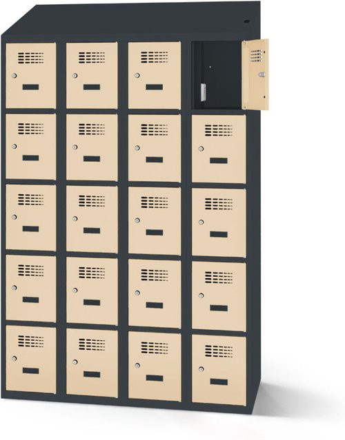 rotstahl Fächerschrank mit 20 Fächern und Ladefunktion, Korpus Anthrazitgrau, Front Elfenbein/Beige, B: 120 cm, H: 200 cm - Bild 1