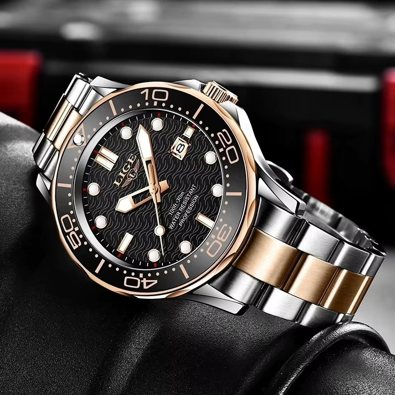 LIGE Armbanduhr, Quarz, Leder, Edelstahl, Schwarz, Herren - Bild 3