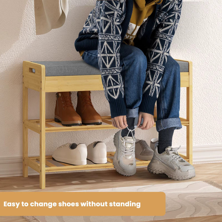 WOLTU 2-stöckiges Schuhregal aus Bambus mit gepolsterter Sitzbank in Braun und Grau für Flur, Schlafzimmer oder Wohnzimmer - Bild 3