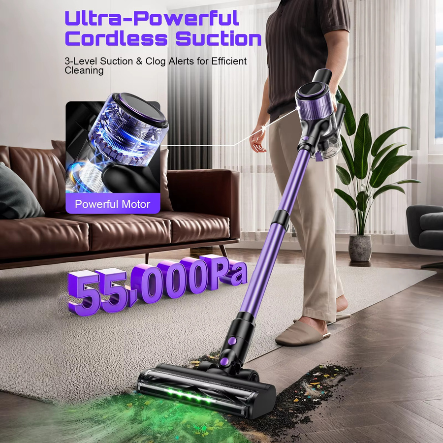 SUXIANGVAC Kabelloser Stabstaubsauger in Lila, 500W mit 55Kpa Saugkraft, 10-in-1 Beutelloses Modell für Tierhaare, Hartböden und Teppiche mit 45min Laufzeit - Bild 2