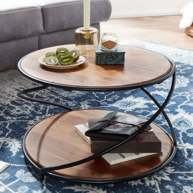 FineBuy Couchtisch aus Sheesham Massivholz rund in Braun mit Metallgestell, Durchmesser: 58 cm, Höhe: 35 cm - Bild 1