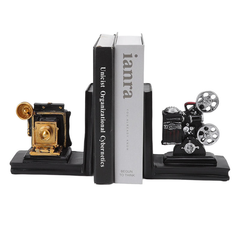 TOMTOP JMS Buchstützen im Filmprojektor-Design aus Kunstharz, Set aus 2 Stück für Büro und Zuhause, Farben: Silber, Gold oder Schwarz - Bild 5