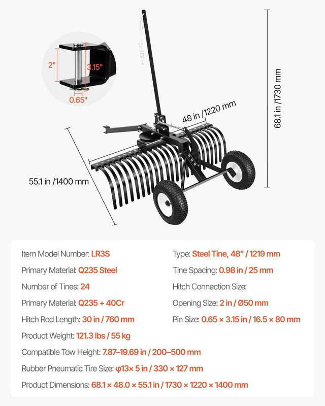 Buying Solutions MB Anbau-Landschaftsharke aus Stahl in Schwarz mit 24 langlebigen Stahlzinken, Breite: 122 cm - Bild 10