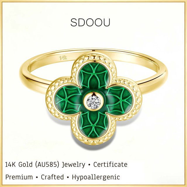 SDOOU Ring 585 Gold, Grüner Emaille, Zirkonia, Damen - Bild 1