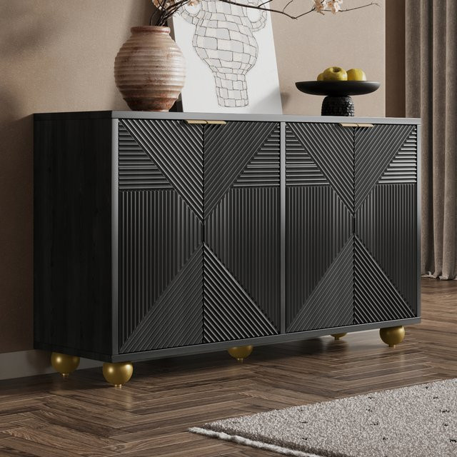 Svintora Sideboard in Schwarz mit 4 Türen und verstellbaren Innenregalen, moderner Buffetschrank mit geometrischem Design und Metallgriffen - Bild 1
