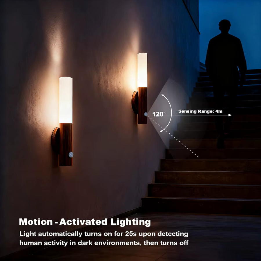 YNL Magnetische LED-Wandleuchte aus Holz mit Bewegungsmelder und 360 Grad Rotation, wiederaufladbares Nachtlicht in Weiß mit warmweißem Licht - Bild 5