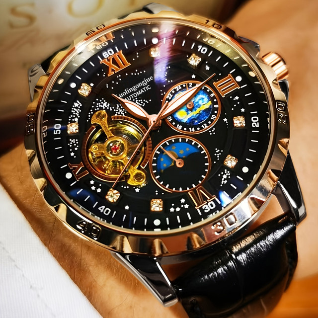 LUOLINGONGJUE Armbanduhr Automatik, Edelstahl, Roségold, Leder, Herren - Bild 1