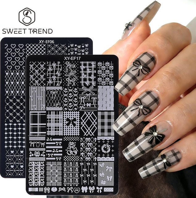 SWEET TREND Nageldruckvorlagen, 2 Stück, Schleifenmuster, Schmetterling-Spitze, Gitter-Herz - Bild 1