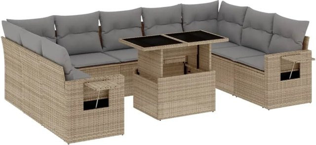 vidaXL 10-tlg. Garten-Sofagarnitur in L-Form aus Poly-Rattan mit Kissen, Beige - Bild 1