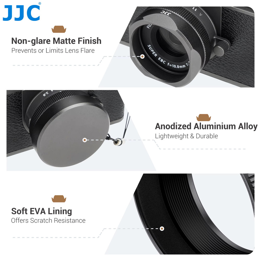 JJC Objektivschirm mit Objektivdeckel für Fujifilm X, Gegenlichtblende aus Aluminiumlegierung in Schwarz - Bild 2